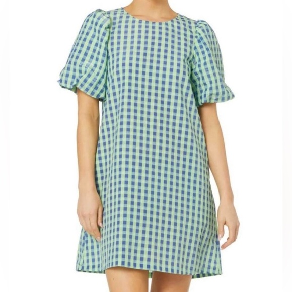 Gorman Stay in Check Mini Dress Puff Sleeve Green Blue Gingham Size 6 NWT - Picture 4 of 13